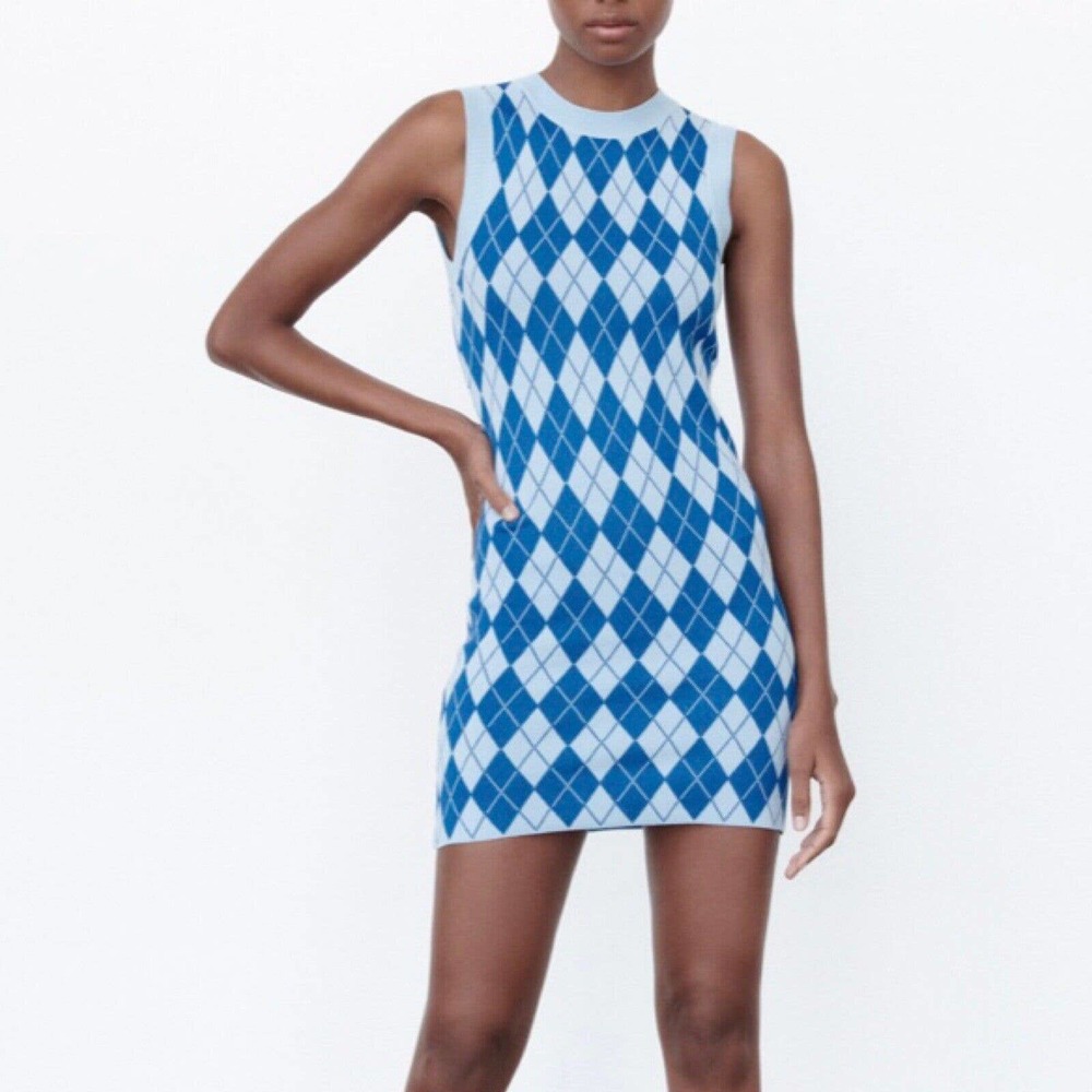 Zara Womens Knit Argyle Dress Size Small Sleeveless Short Diamond Print